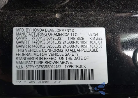 2024 Honda Ridgeline Black Edition из США, поврежденный, VIN 5FPYK3F83RB012452